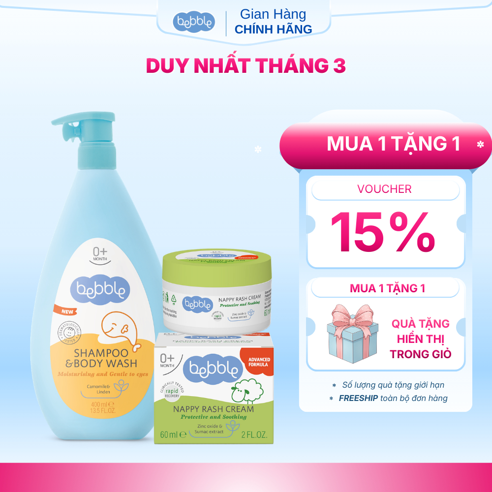 Kem hăm tã Bebble Nappy Rash 60ml + Sữa tắm gội Bebble Hoa Cúc không cay mắt, 400ml