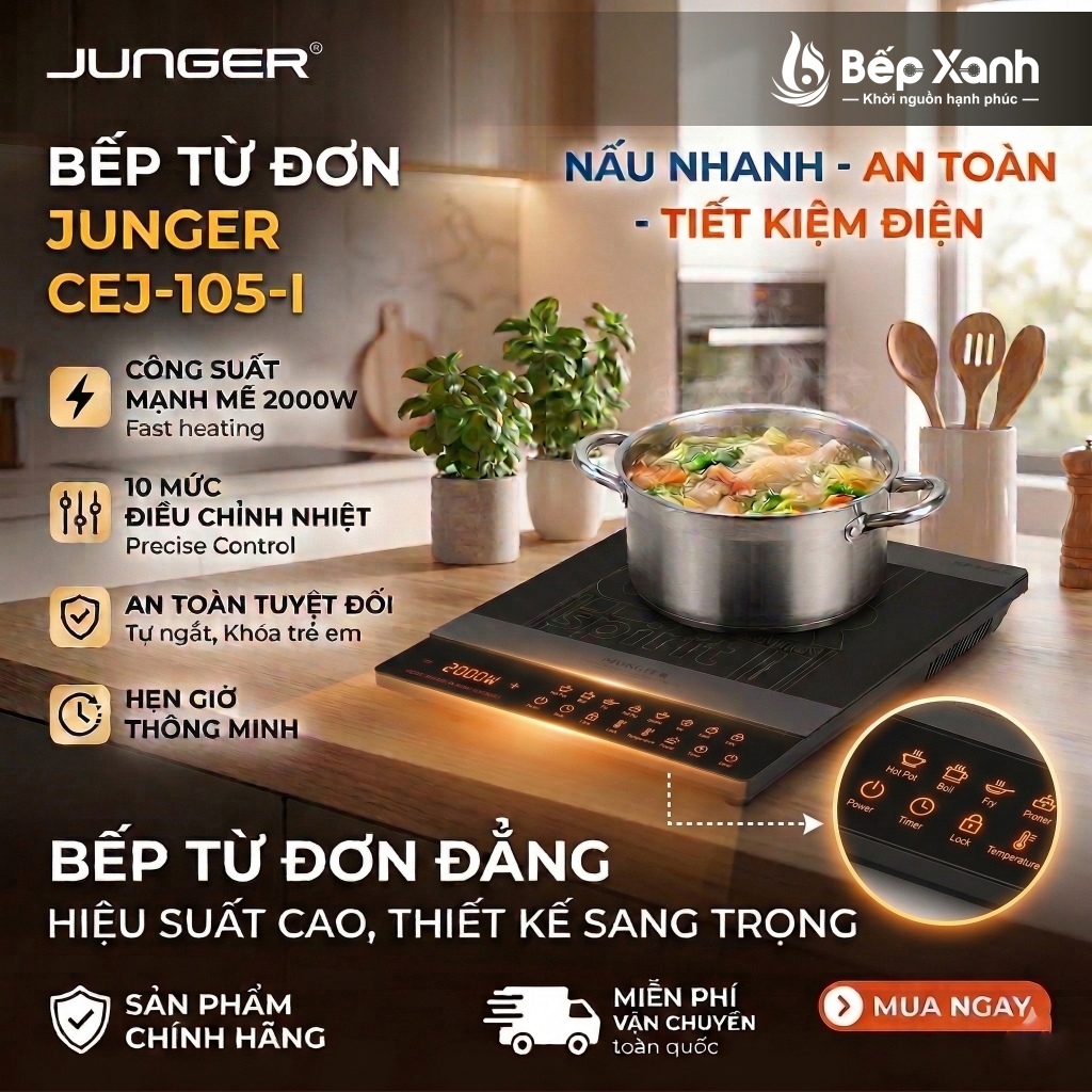 [New 2026] - Bếp từ đơn Junger CEJ-105-I - Để nổi trên bàn, công suất 2000W - Inverter tiết kiệm điệ