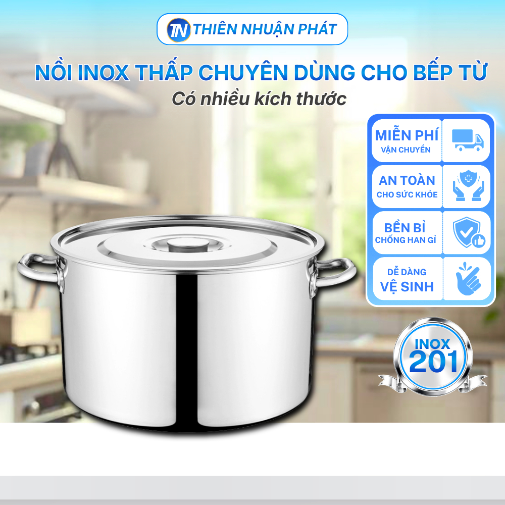 Nồi Thấp Inox cao cấp Luộc gà, Nấu Bún Phở,Dùng Cho Bếp Gas Bếp Từ, kích thước 30-50cm