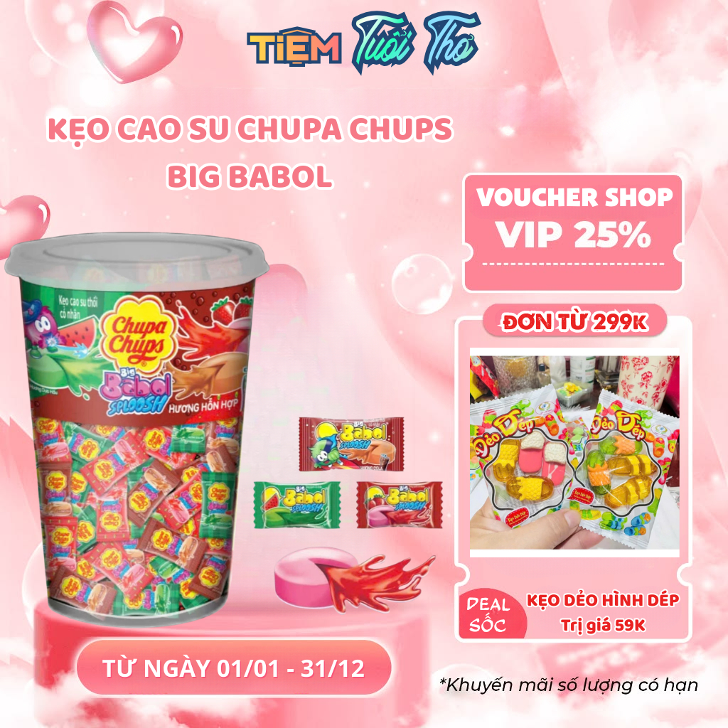 Kẹo cao su gum thổi có nhân Chupa Chups Big Babol Sploosh hương dưa hấu, dâu, cola (Hũ 74 viên)