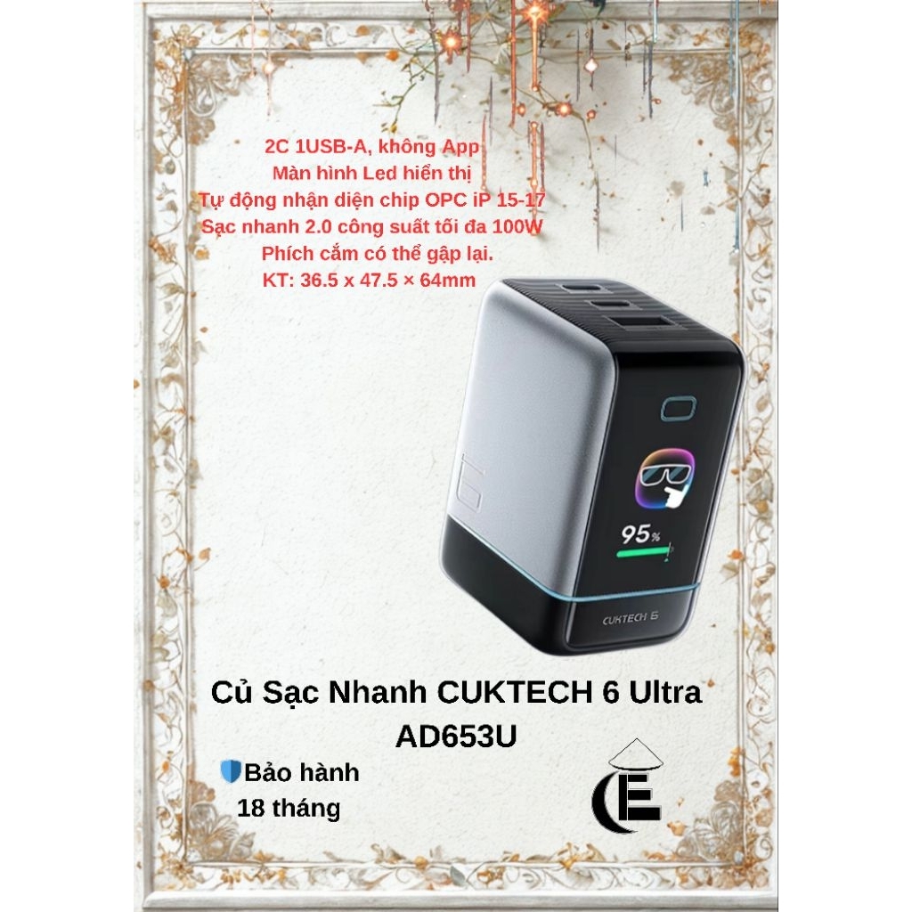 Củ Sạc Nhanh Cuktech 6 Ultra Max 100w Miturbo, PD65w, hỗ trợ sạc siêu nhanh cho các thiết bị ip15-17 - Bảo hành 18 tháng