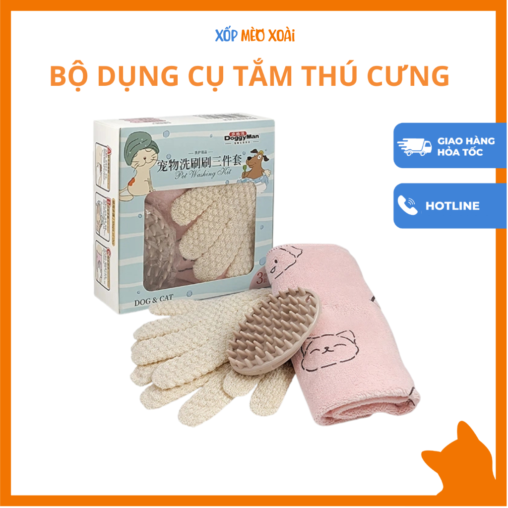 Bộ Dụng Cụ Tắm Chó Mèo Doggyman - Găng Tay Khăn Tắm Lược Tắm Chó Mèo Doggyman
