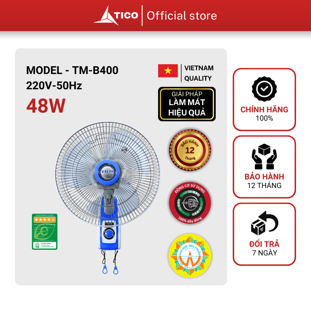 Quạt treo 2 dây TICO TM-B400 - Công suất 48W - Hàng chính hãng - Tiết kiệm điện - Bảo hành 12 tháng 