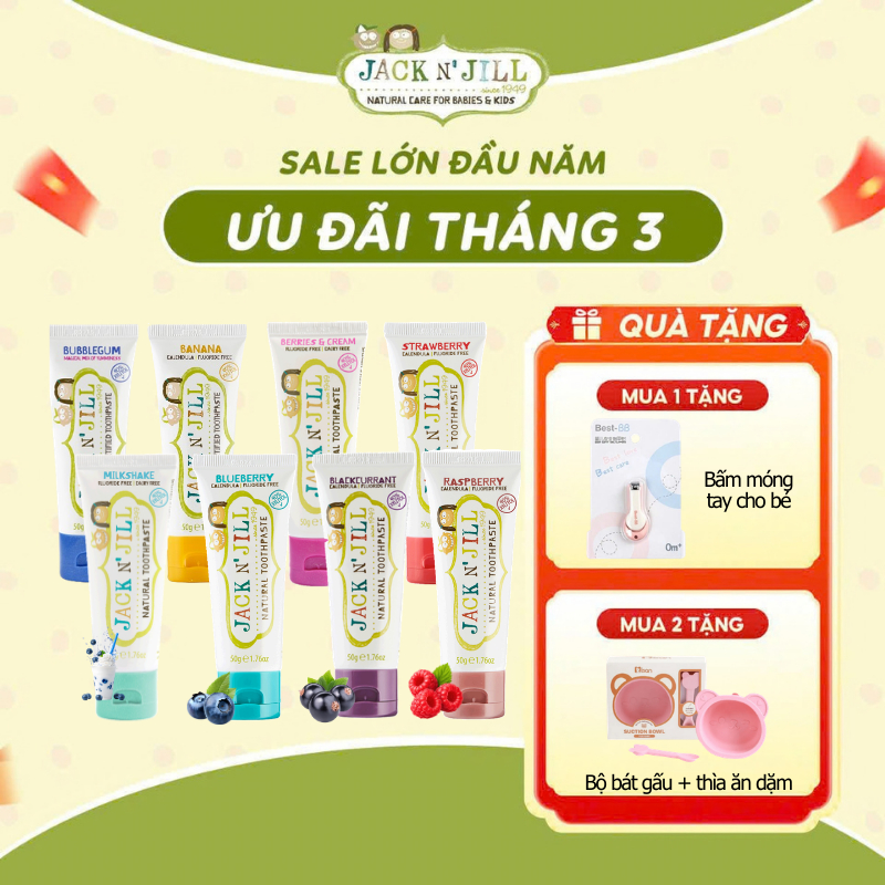 Kem đánh răng cho bé hữu cơ Jack N' Jill Úc Organic vị trái cây, an toàn, nuốt được - Tuýp 50g