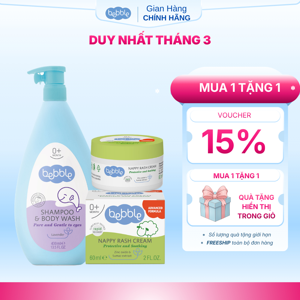 Sữa tắm gội cho bé Bebble shampoo body wash hương Lavender  400ml + Kem Hăm Tã Bebble 60ml