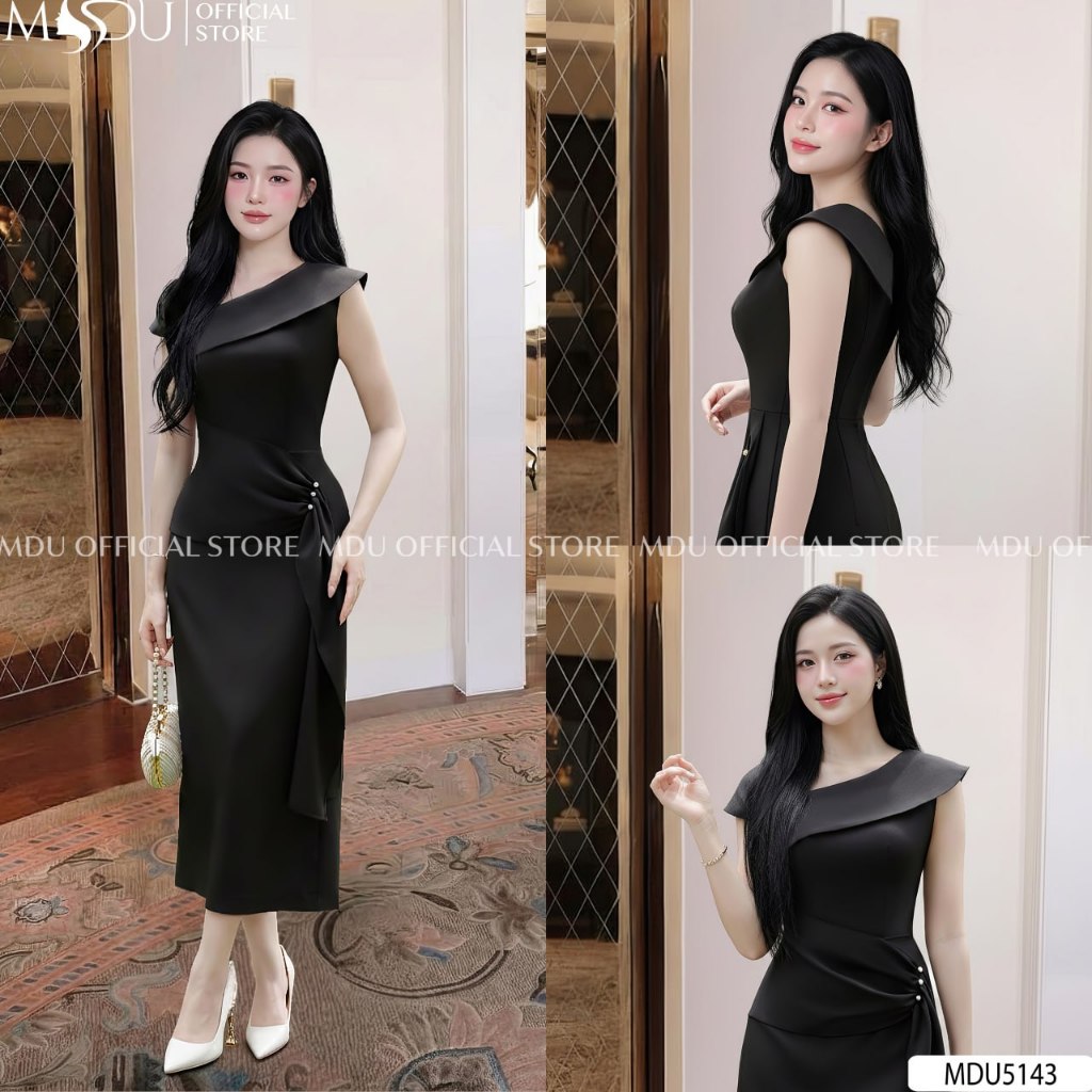 Váy đen cao cấp MDUDRESS ôm nhẹ tôn dáng, cổ lệch đính ngọc trai sang trọng, váy tiệc thanh lịch MDU