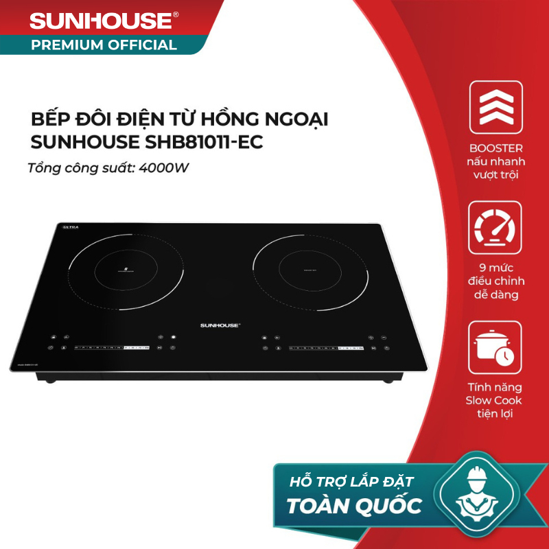 [HỖ TRỢ LẮP ĐẶT] Bếp đôi điện từ hồng ngoại Sunhouse SHB81011-EC - Booster nấu nhanh - 9 mức chỉnh - 2 vùng nấu