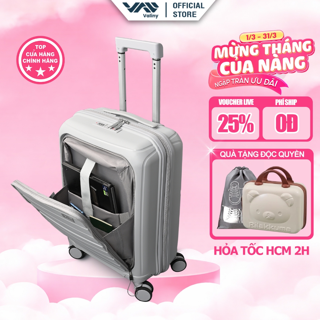 Vali Du Lịch Doanh nhân VALINY VNY07 size 20inch Chất Liệu Nhựa PP Cao Cấp Dẻo Dai Màu Light Grey BẢO HÀNH TRỌN ĐỜI