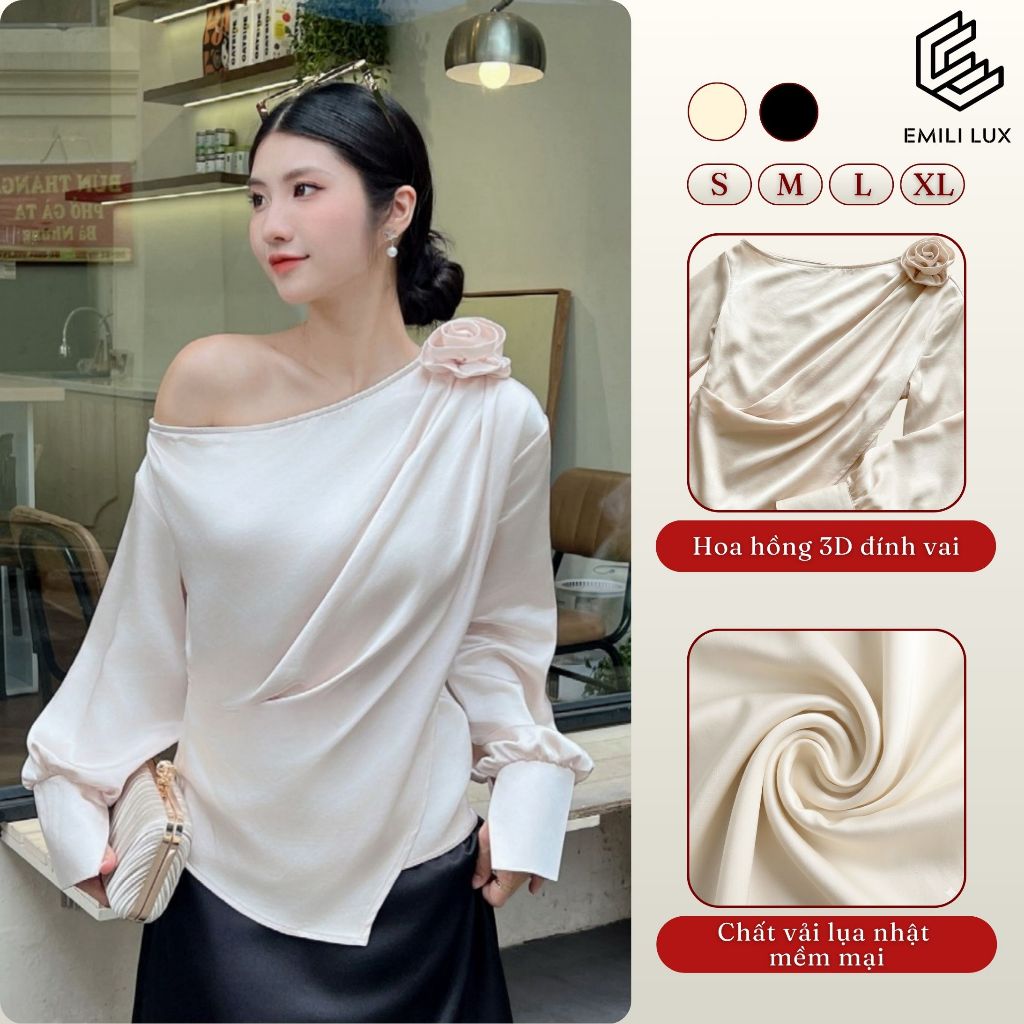 Áo lụa trễ vai tay dài dáng rộng đính hoa – Sang trọng, dự tiệc, dạo phố EMILI Design T1413