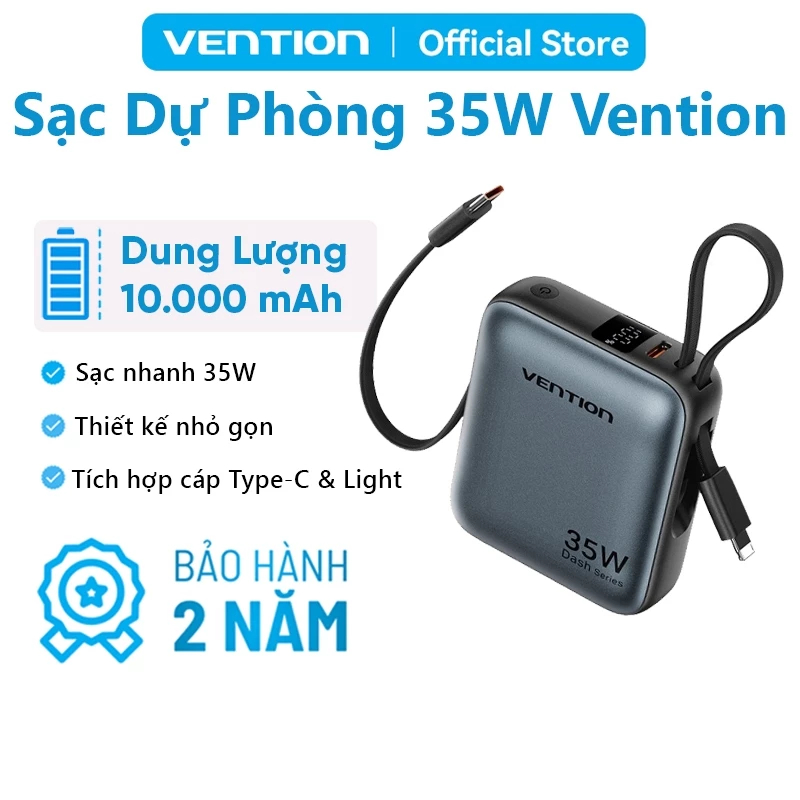 Sạc Dự Phòng 10000mAh 35W Vention Tích Hợp Cáp USB-C & Light Hỗ Trợ PD Thiết Kế Nhỏ Gọn Dễ Mang Theo