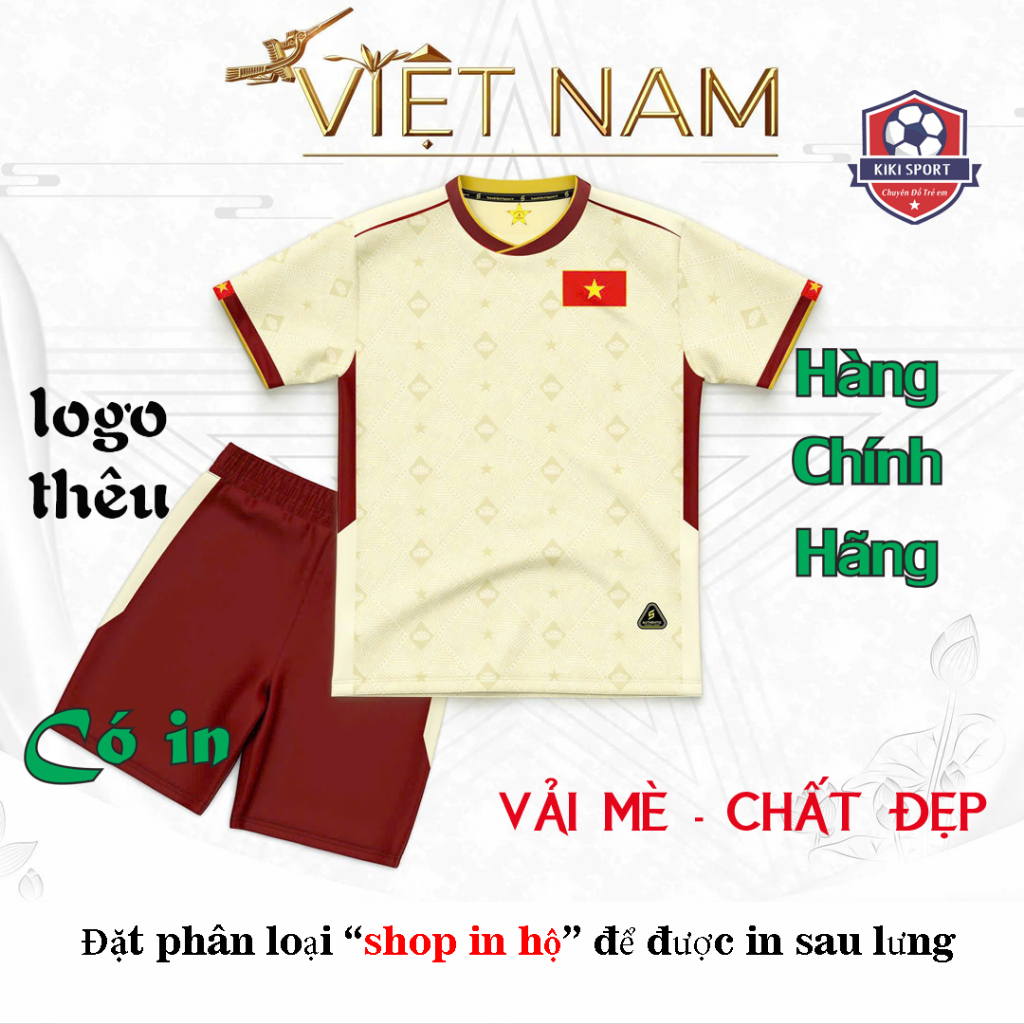 [Đồ trẻ em in theo yêu cầu- Kiki Sport ] Quần áo bóng đá trẻ em VN kem 2026 Chất thun lạnh Siêu đáng yêu