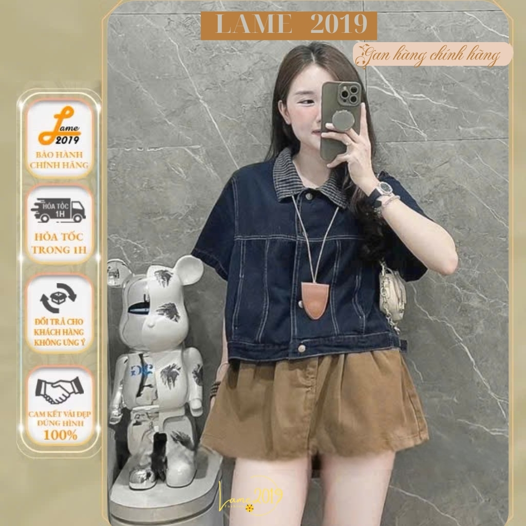 Áo Khoác Jean Nữ Ngắn Tay Cổ Phối Kẻ Caro - Áo Denim Crop-top Form Rộng Phong Cách Hàn Quốc Yame19