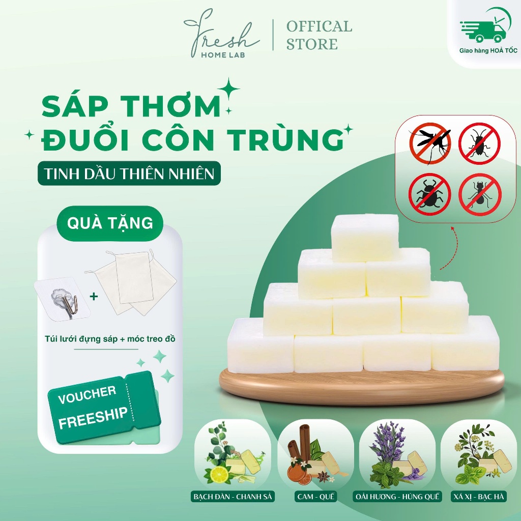 Sáp thơm đuổi muỗi, đuổi côn trùng - Khử mùi, hút ẩm nhà cửa với tinh dầu thiên nhiên Fresh Home Lab
