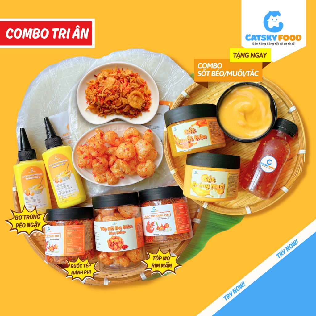 Combo Tri Ân - Bánh tráng phơi sương CATSKY FOOD combo bánh tráng sốt muối béo đồ ăn vặt