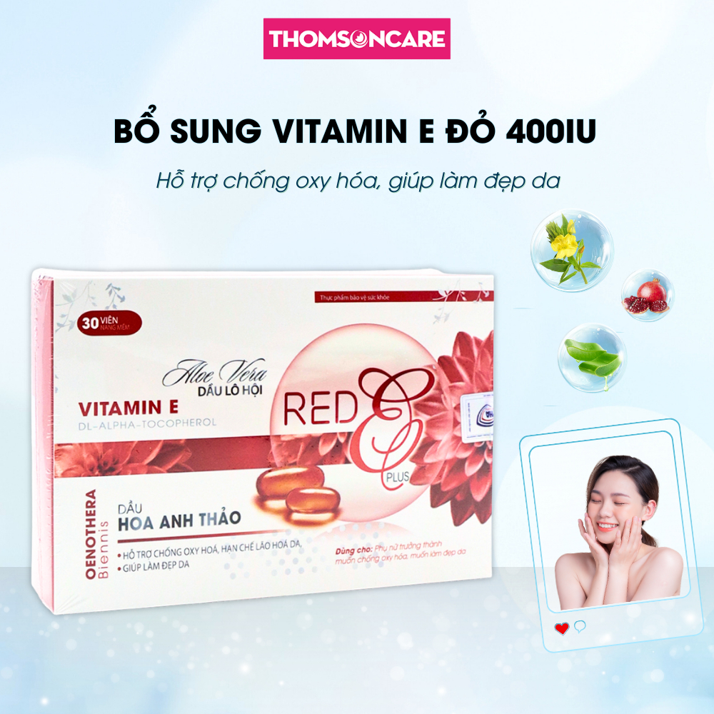 Bổ sung vitamin E đỏ 400IU giúp làm đẹp da thêm dầu hoa anh thảo, chiết xuất lựu - Hộp 30 viên RED E