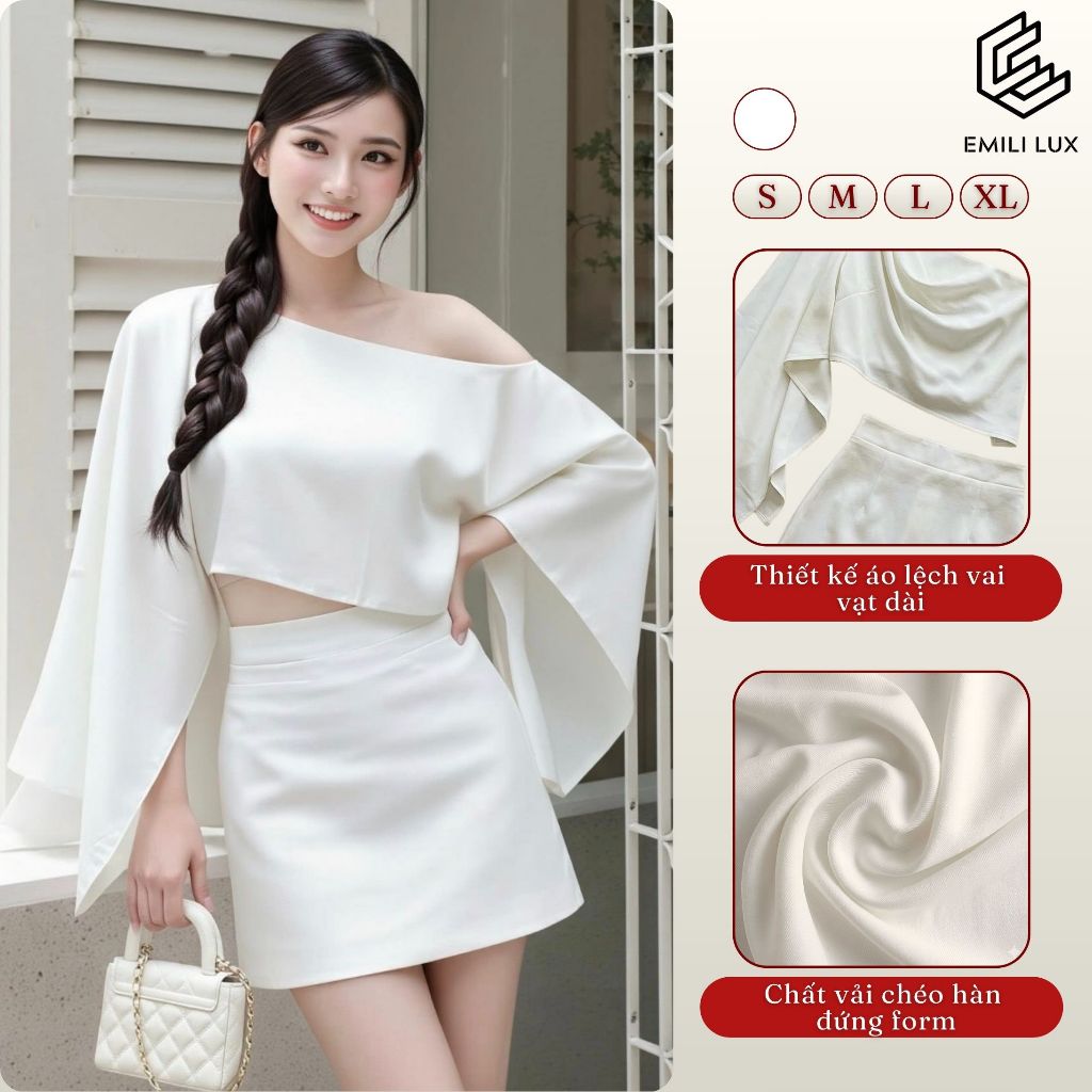 Set áo lệch vai tay xẻ croptop mix chân váy chữ A Emili Design phong cách sexy tôn dáng B165