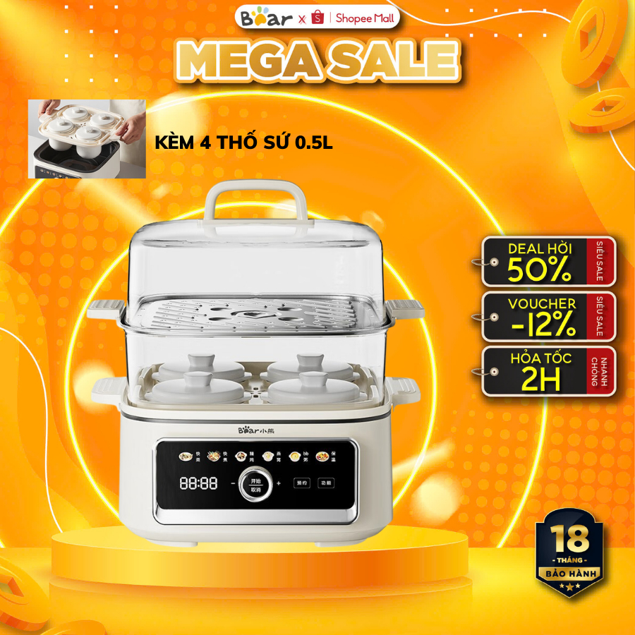 Nồi lẩu điện 3 in 1 mini đa năng Bear DZG-R45Y1, 1300W, Nồi hấp 2 tầng cho 4-6 người ăn,Kèm 4 Thố sứ