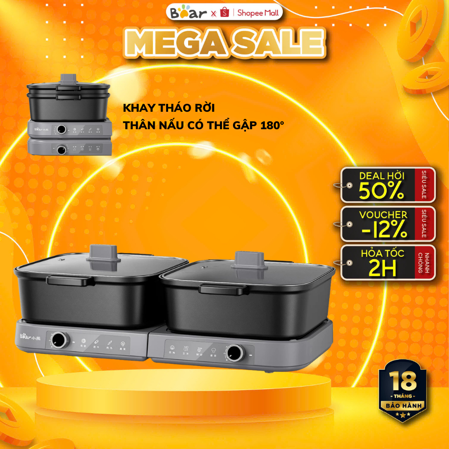 Nồi lẩu điện đa năng 2 ngăn 8L Bear HP-5H80M47 (DHG-E80H5), 2100W, cho 3-6 người ăn, BH 18 Tháng