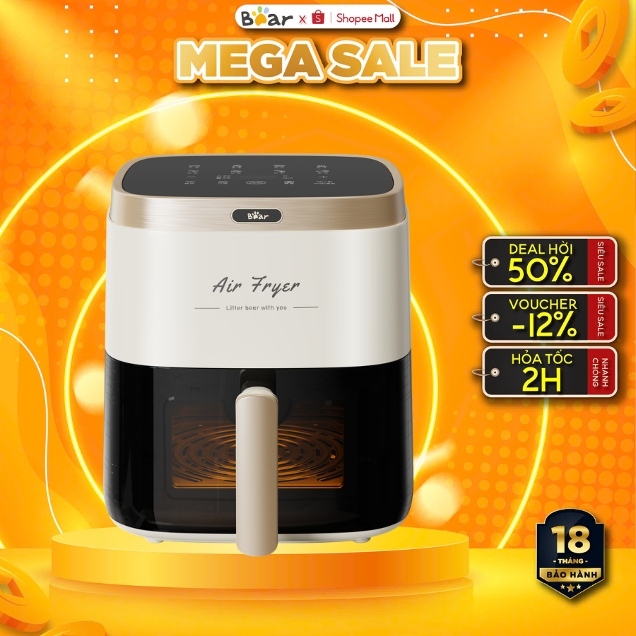 Nồi Chiên Không Dầu 5L Bear AF-4H15L (QZG-P15R8)-1500W- Màn hình hiển thị, chịu nhiệt- BH 18 tháng