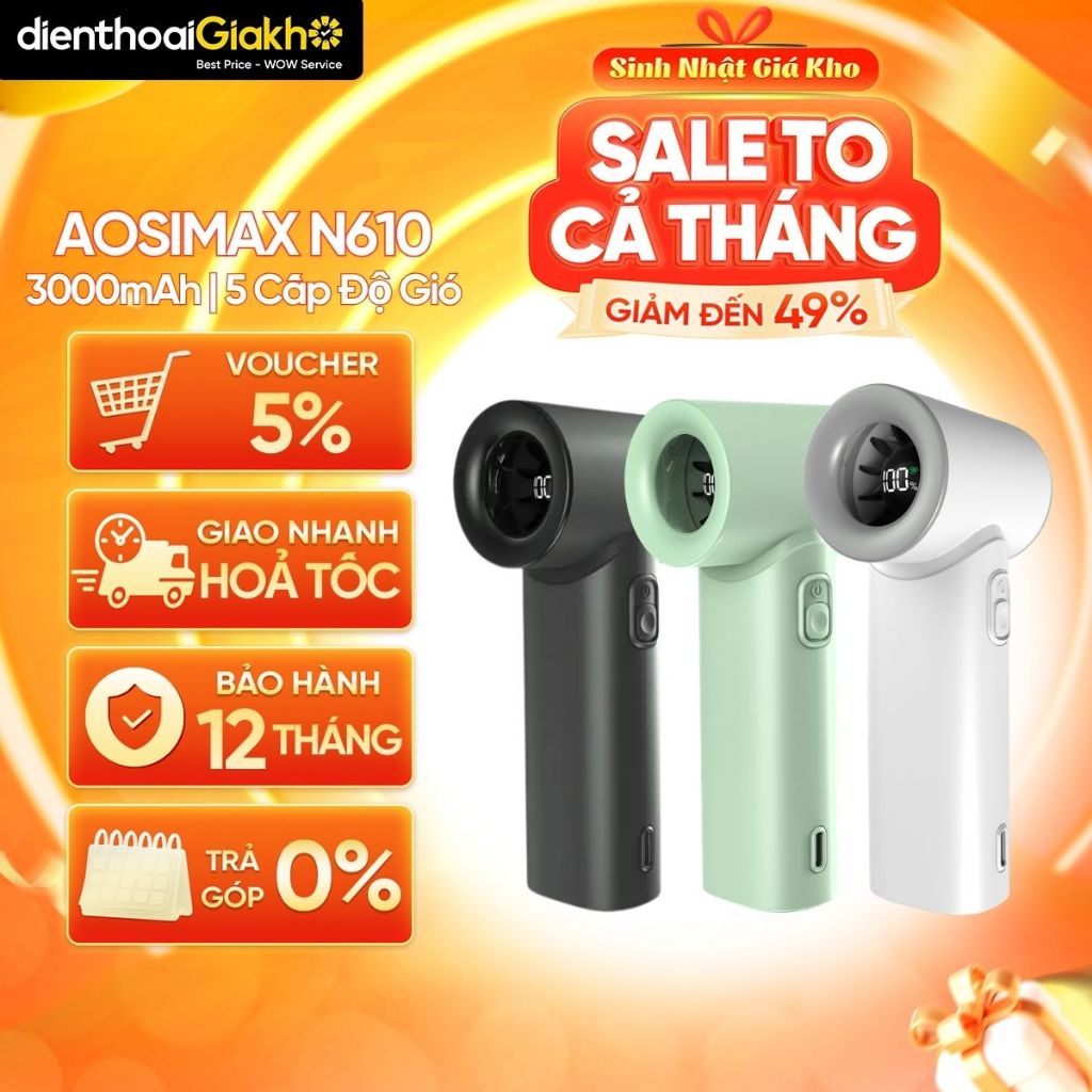 Quạt Cầm Tay Mini AOSIMAX Mini Turbo N610 3000mAh 5 Cấp Độ Gió, Nhỏ Gọn, Pin 3000mAh, Tiện Lợi Mang 