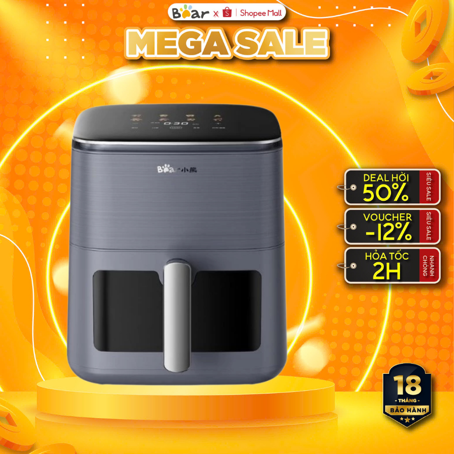 Nồi chiên không dầu 6.2L Bear AF-4H16K (QZG-H16R3), 1600W, Khay Chống dính, Hẹn giờ, BH 18 Tháng