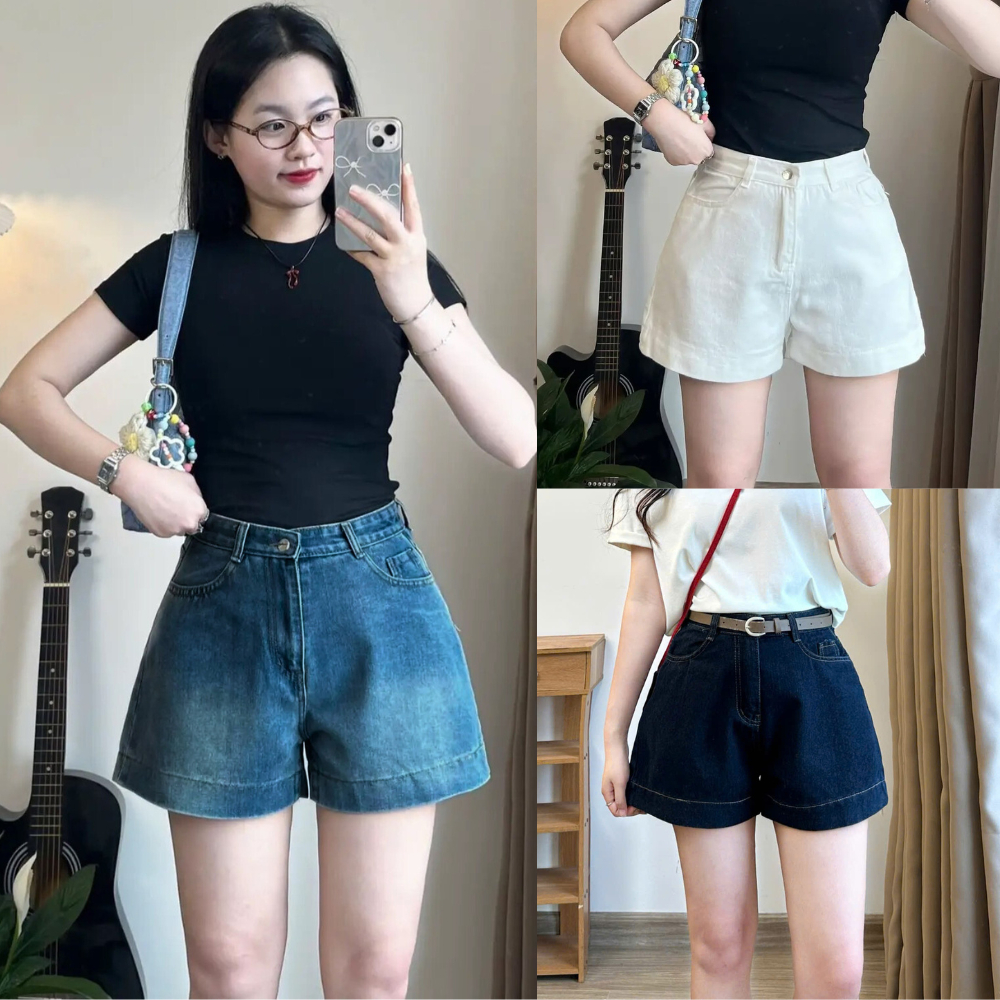 Quần short jeans mềm nữ lưng cao MIAA ống rộng ,Quần short jeans mềm nữ to gấu lưng cao basic