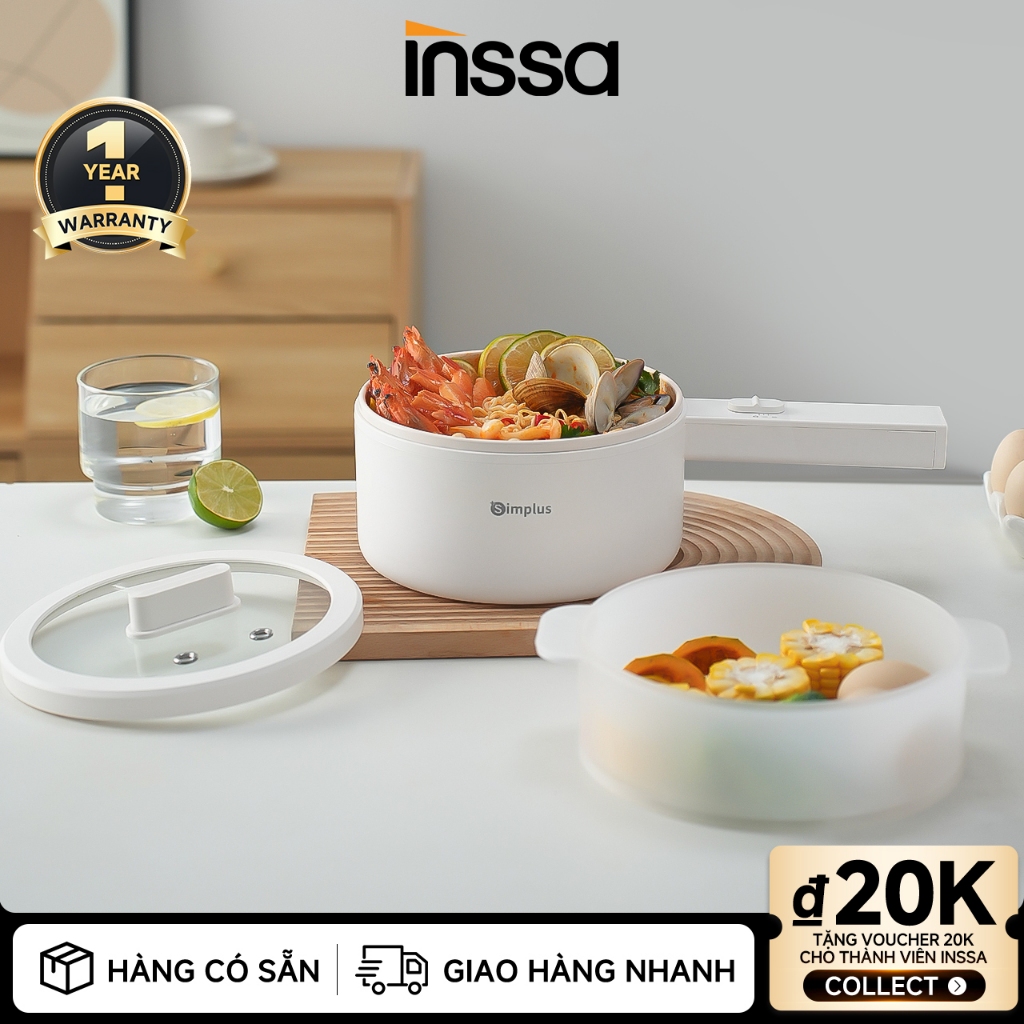 Inssa x Simplus Nồi lẩu điện 1.8L có tay cầm dài, công suất 600W, nấu đa năng DZGH012