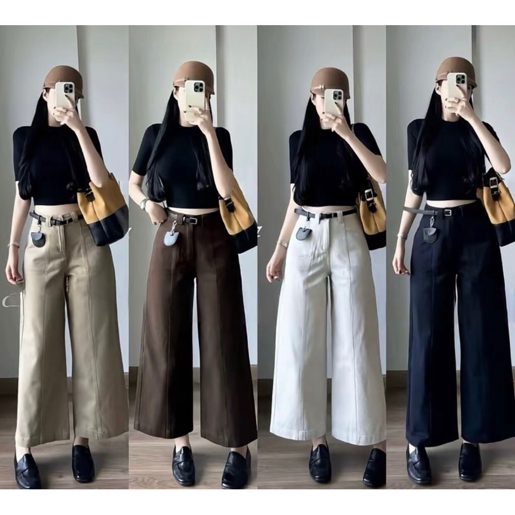 Quần Suông Nữ Ống Rộng Chất Vải KaKi Nhật L1 Mềm Mại Co Giãn Gân Giữa Lưng Cao Tôn Dáng