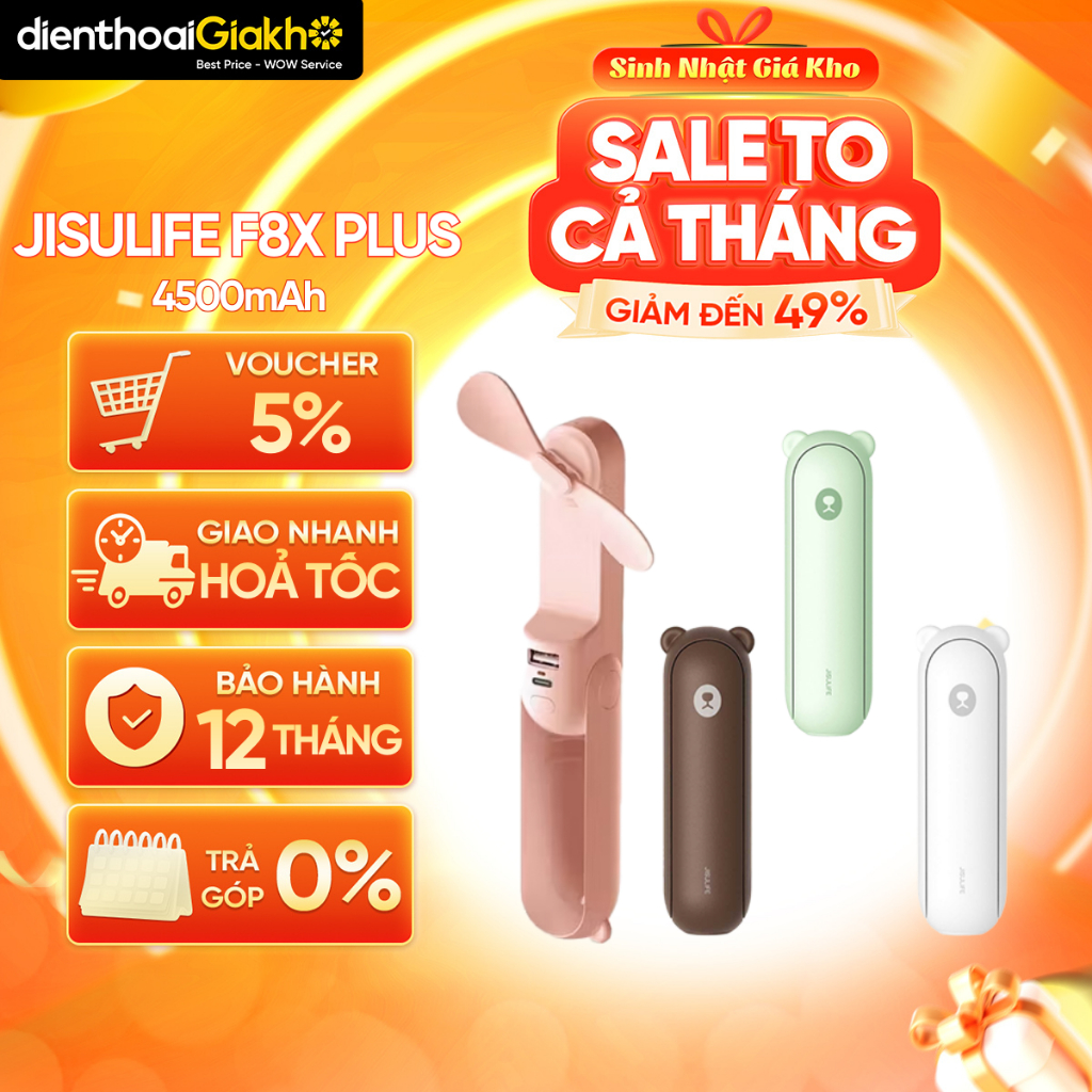 Quạt Cầm Tay 3 in 1 JISULIFE F8X Plus Công Suất 4500mAh Tích Hợp Sạc Dự Phòng và Đèn Pin Siêu Sáng