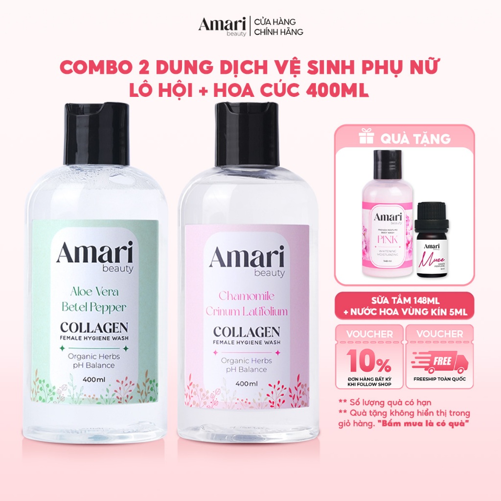 Bộ 2 Dung Dịch Vệ Sinh Phụ Nữ Collagen  Amari Beauty Giúp Làm Sạch, Cân Bằng pH, Dưỡng Ẩm - 400ml