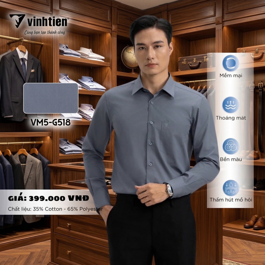 Áo Sơ Mi Dài Tay Trơn Màu Form Regular Vĩnh Tiến 399 - G518
