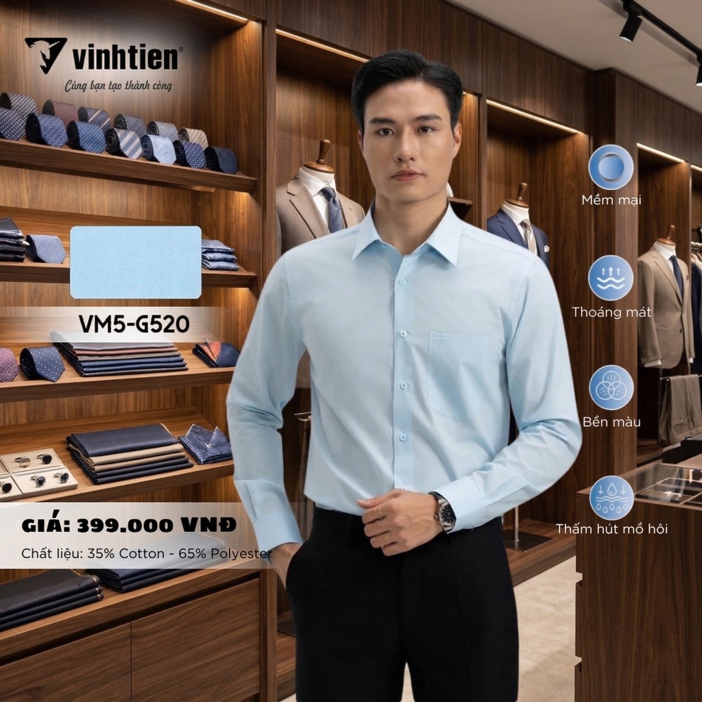 Áo Sơ Mi Dài Tay Trơn Màu Form Regular Vĩnh Tiến 399 - G520