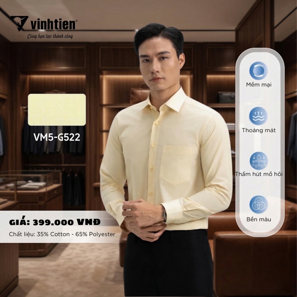 Áo Sơ Mi Dài Tay Trơn Màu Form Regular Vĩnh Tiến 399 - G522