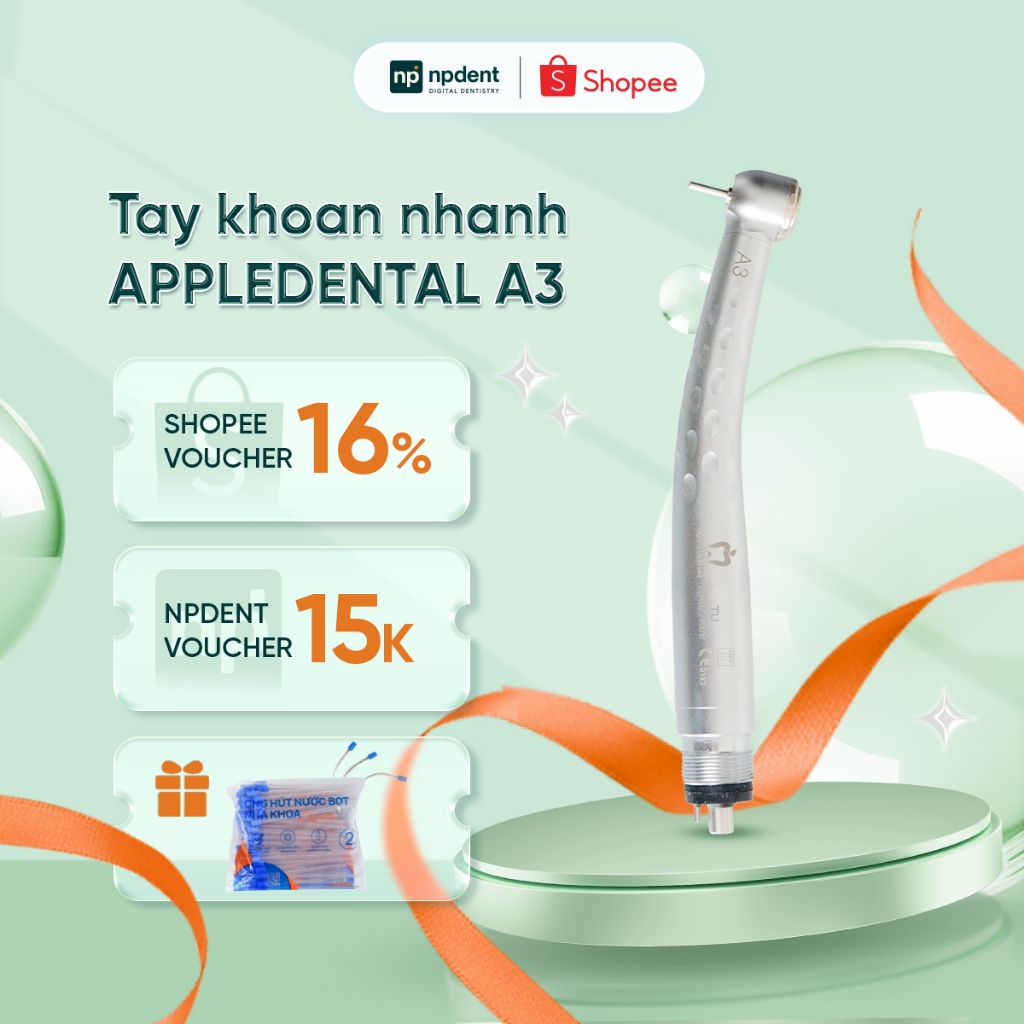 Tay khoan nhanh AppleDental A3 NPDENT, Tay khoan tốc độ cao 3 tia nước, độ ồn thấp, bảo hành 3 tháng