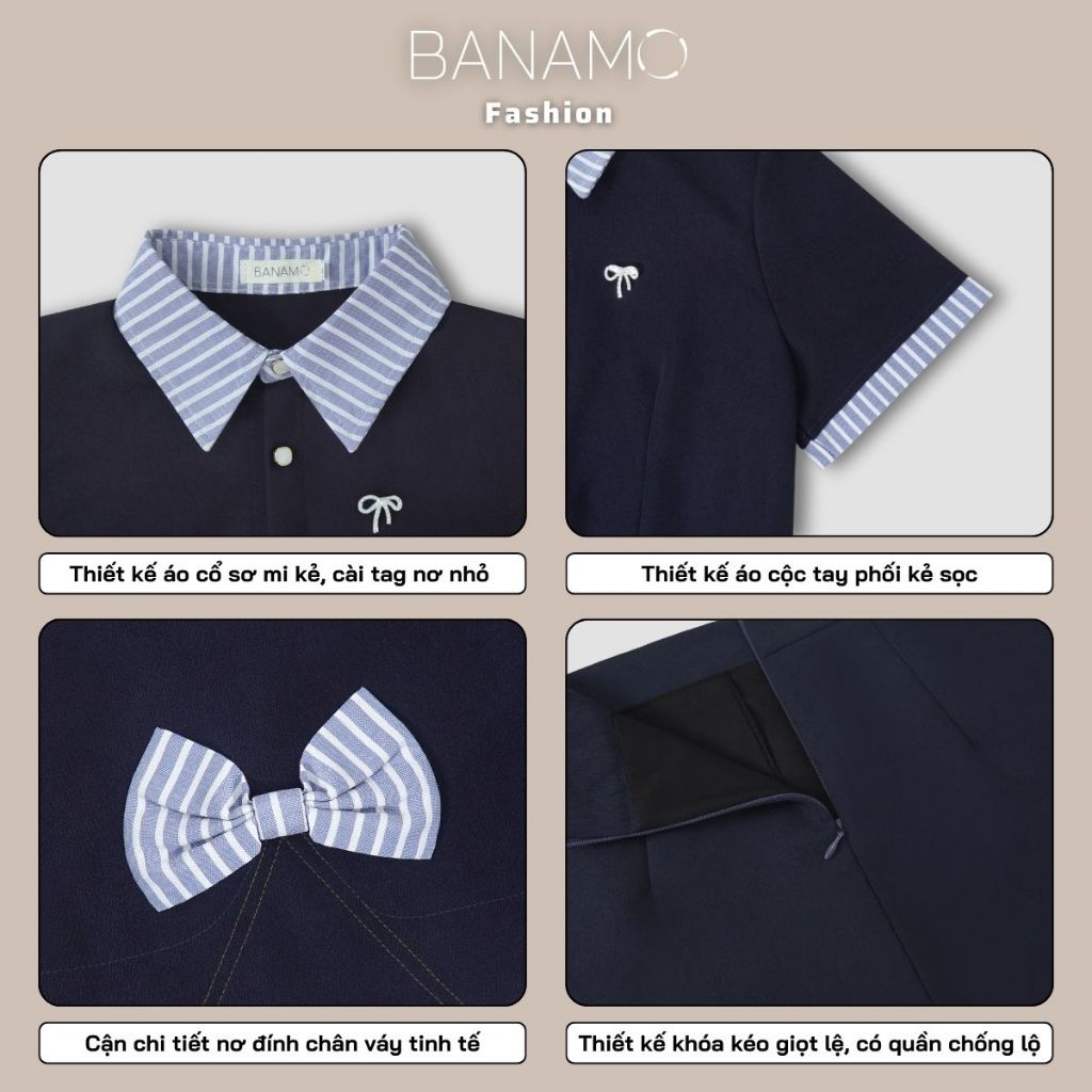Set đồ nữ BIGSIZE Banamo áo sơ mi cộc tay phối cổ kẻ sọc xanh mix chân váy chữ A đính nơ dáng xoè Hàn Quốc 199 | BigBuy360 - bigbuy360.vn