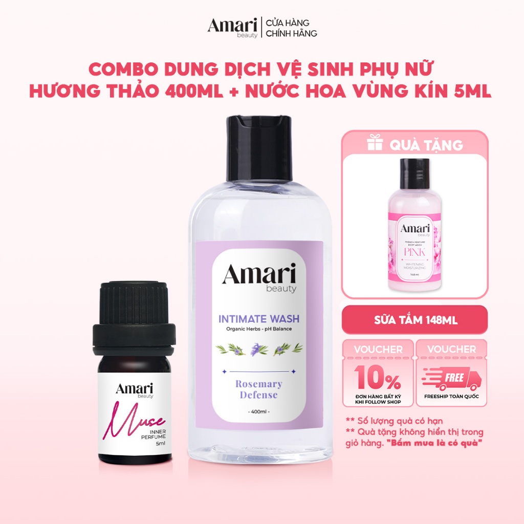 Combo Dung Dịch Vệ Sinh Phụ Nữ Hoa Cúc Collagen 400ml & Nước Hoa Vùng Kín Amari Beauty 5ml