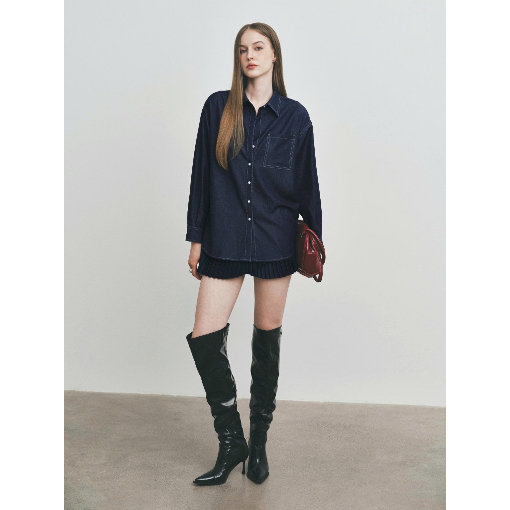 [DEZUS] Áo Sơ Mi Nữ DEZUS Denim Chân Váy Xếp Ly Ngắn Trẻ Trung FELLYM CARIAH CWAMD005S251T + Y2LW250