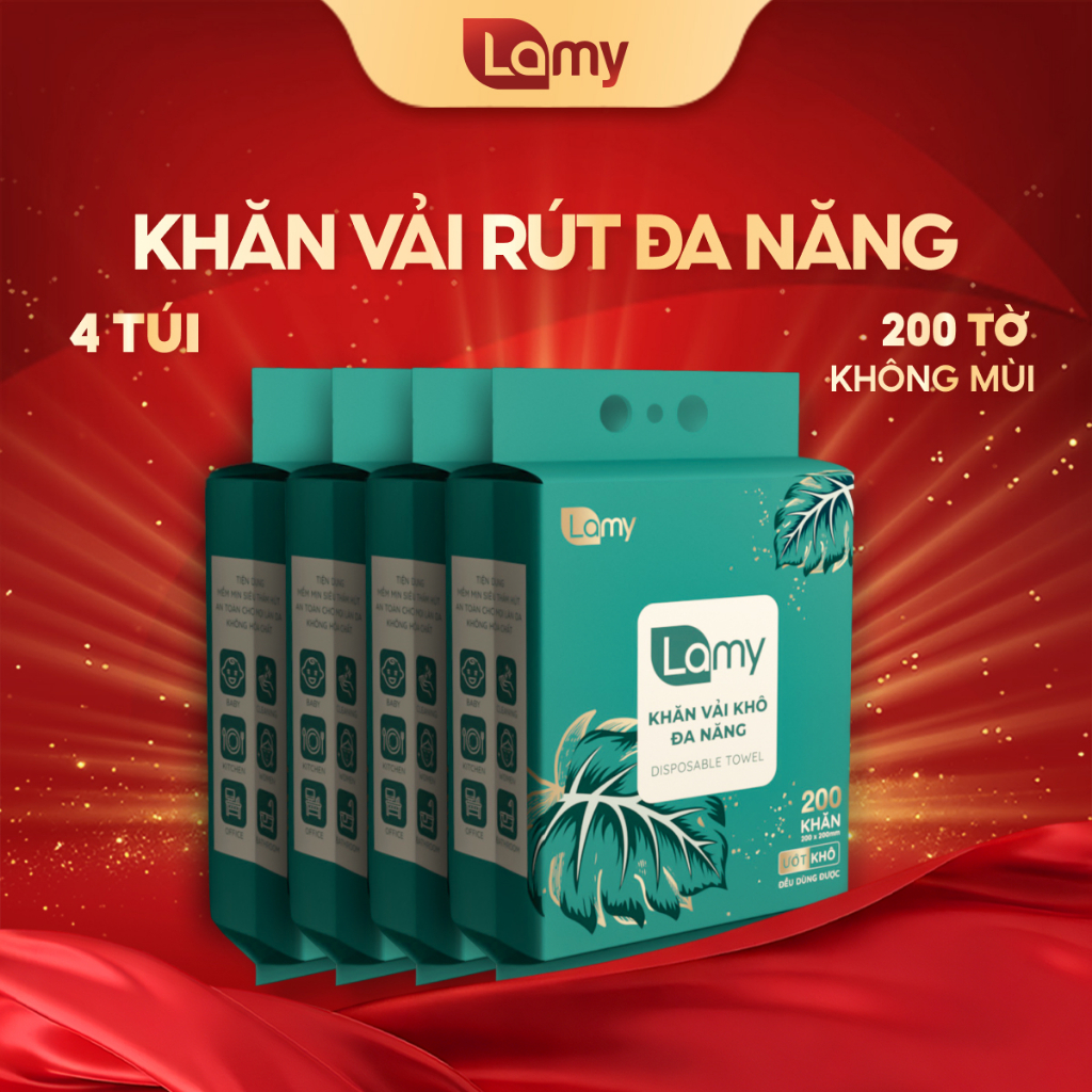 Khăn khô đa năng cho bé Thùng 04 túi khăn vải rút Lamy túi 200 tờ không mùi mềm mịn