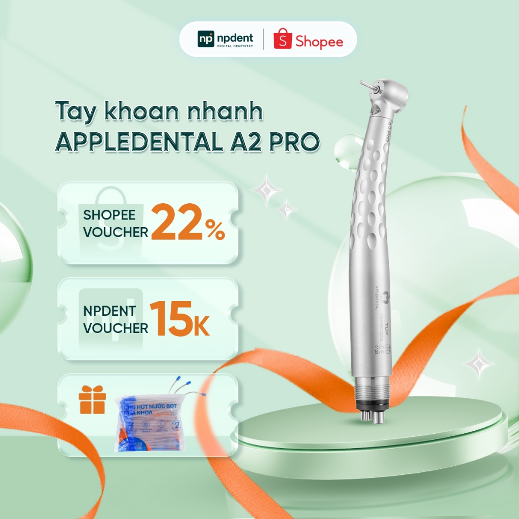 Tay khoan nhanh AppleDental A2 NPDENT, Tay khoan tốc độ cao với 3 tia nước, có đèn, độ ồn thấp, bảo 