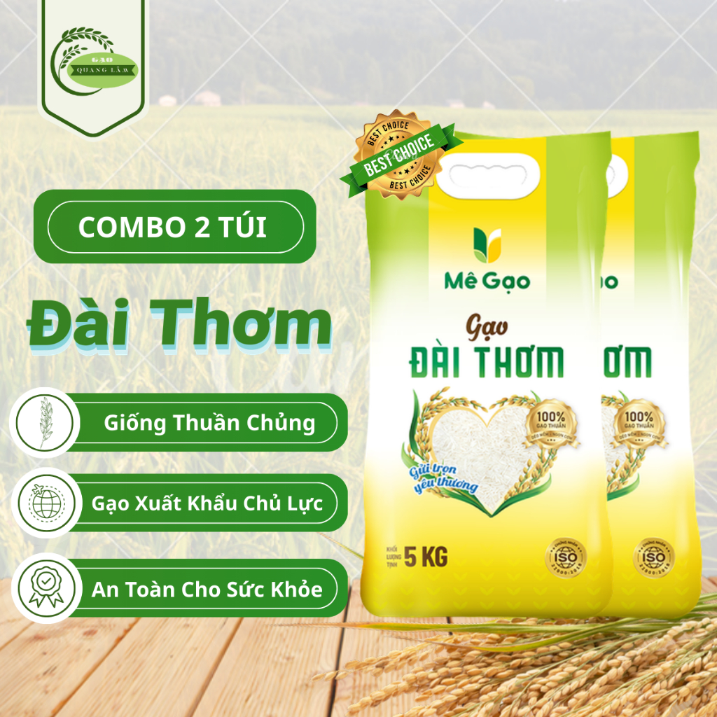 COMBO 2 Túi 5kg - Gạo Đài Thơm Mê Gạo 5kg – Gạo thơm truyền thống, hạt dài đều, cơm mềm xốp, ngon ch