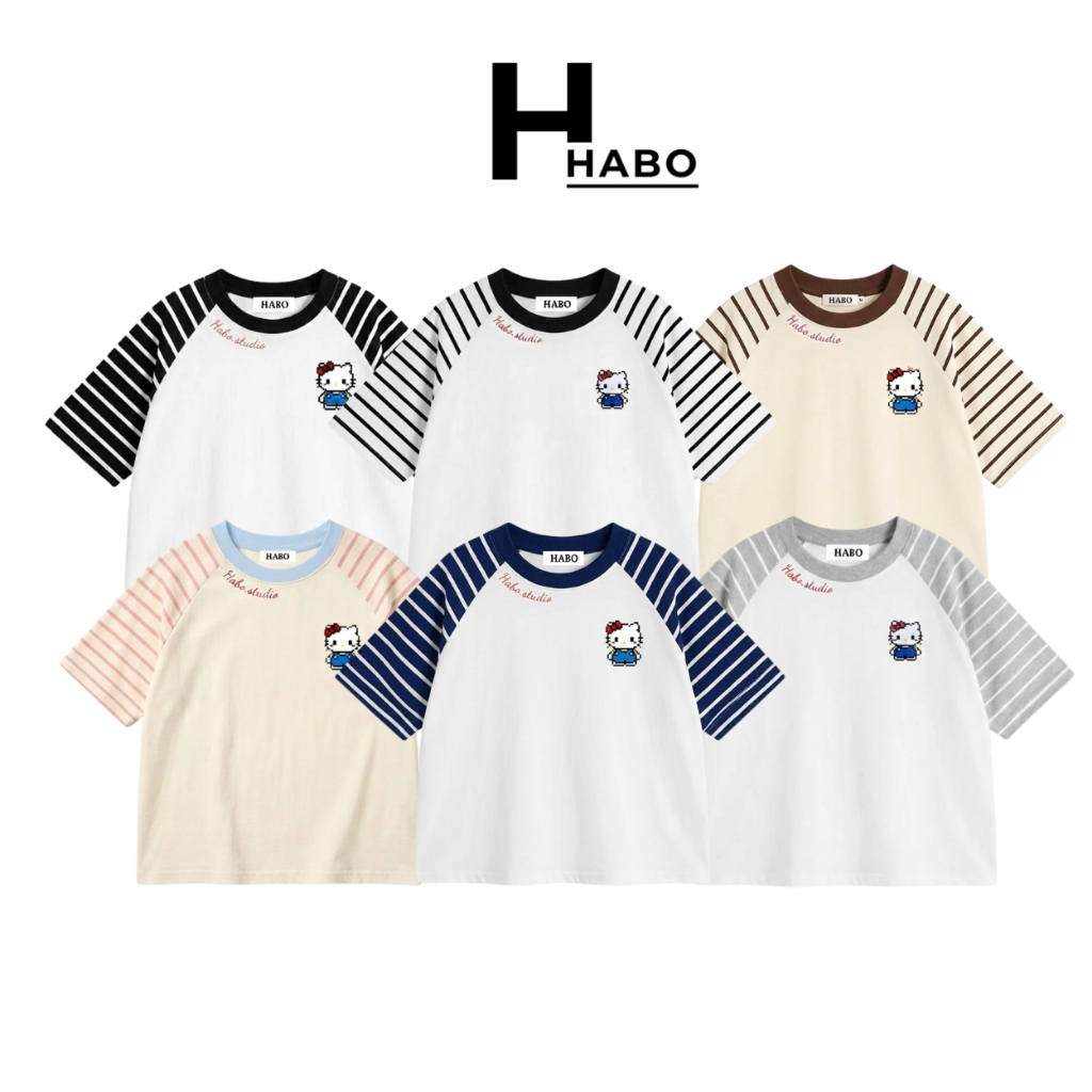Áo Thun Ngắn Tay Raglan Phối Kẻ Borip Sọc Ngang x Cotton 250gsm  Hello Kitty Form Boxy Unisex Nam Nữ