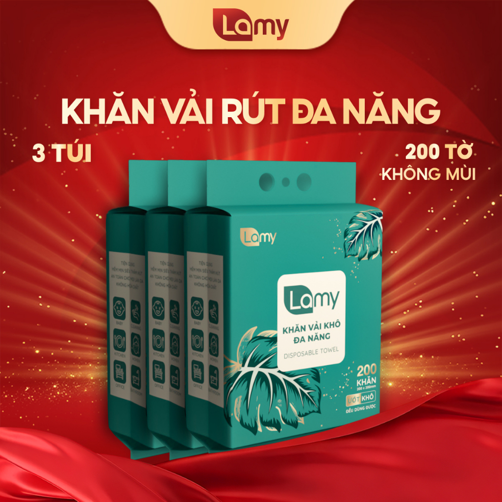 Khăn khô đa năng cho bé Thùng 03 túi khăn vải rút Lamy túi 200 tờ không mùi có tặng móc