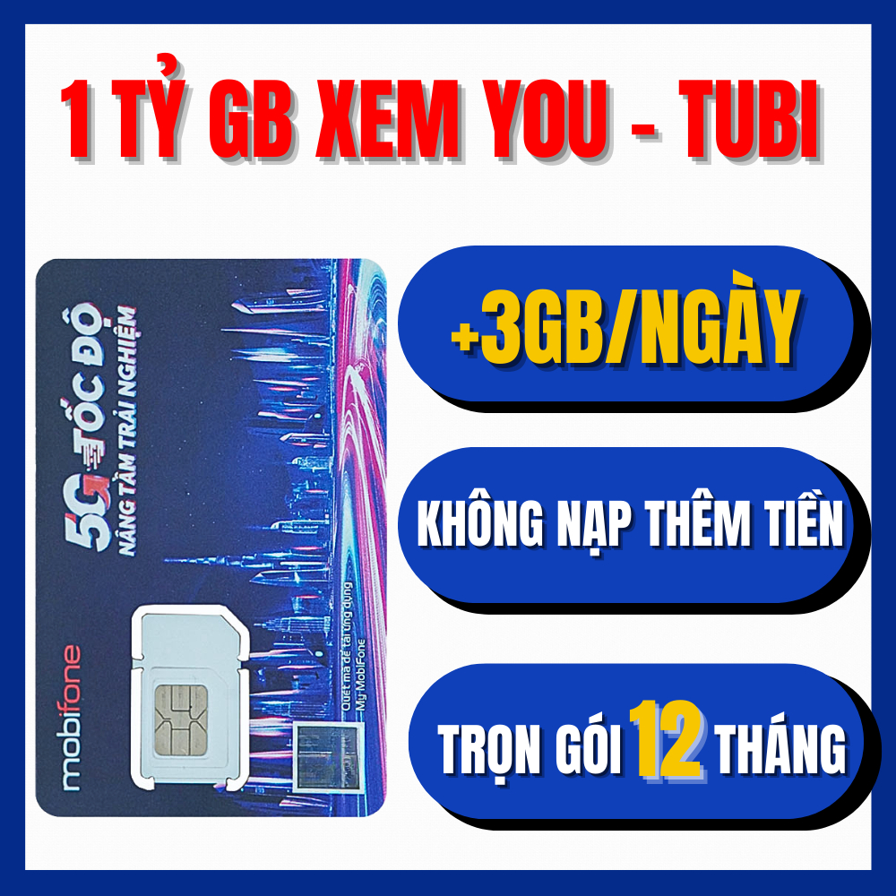 VIP - Sim Data Miễn Phí 1 Năm Tặng 90GB/Tháng (3Gb/Ngày) Tốc Độ Cao, Xài Không Giới Hạn YTB 1 Tỷ GB 