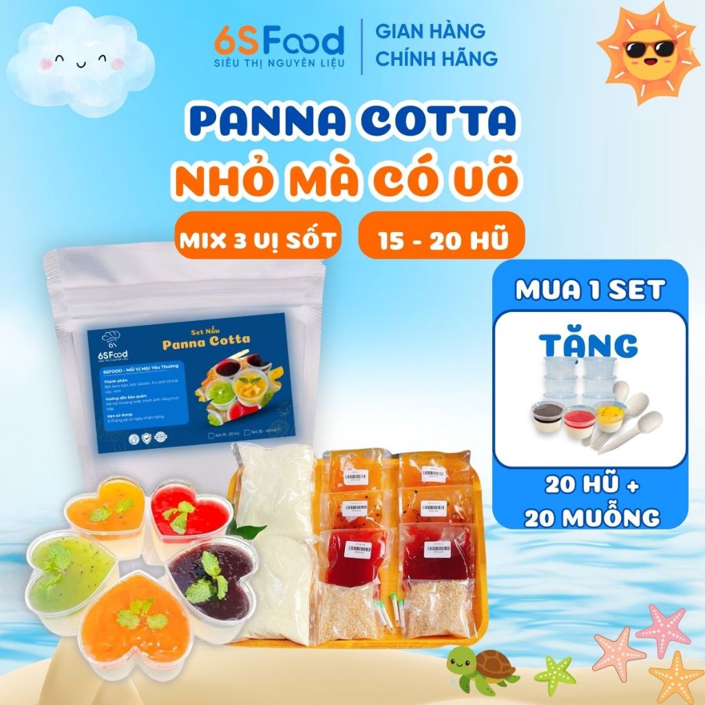 [Kèm hũ, muỗng] Set Làm Panna Cotta Nhỏ Mà Có Võ 15-20 hũ mix 3 vị sốt Dâu, Chanh leo, Xoài - 6SFOOD