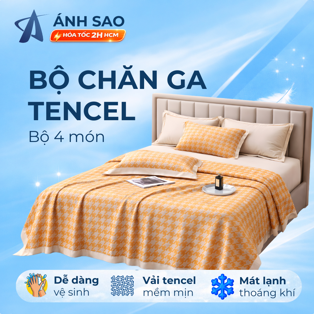 Bộ Chăn Ga Gối Tencel Lụa Thái Ánh Sao Cao Cấp Mềm Mát Set Chăn Ga Gối Đệm Sang Trọng Ga Giường Tenc