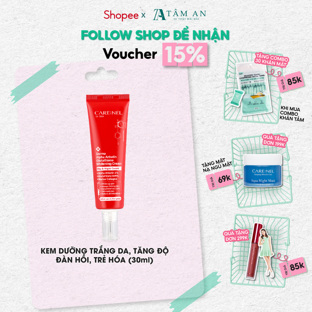 Kem dưỡng trắng glutathione kích trắng CARE:NEL DERMA ALPHA ARBUTIN GLUTATHIONE WHITENING CREAM 45g