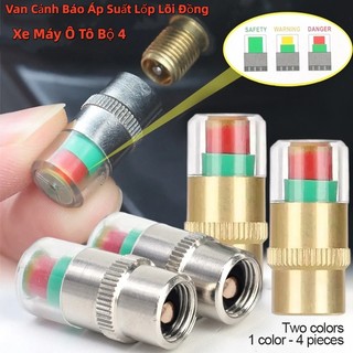 Bộ 4 Van Cảnh Báo Áp Suất Lốp Lõi Đồng Xe Máy, Ô Tô, Theo Dõi Áp Suất Bánh Xe Với 3 Màu Kèm Con Tán