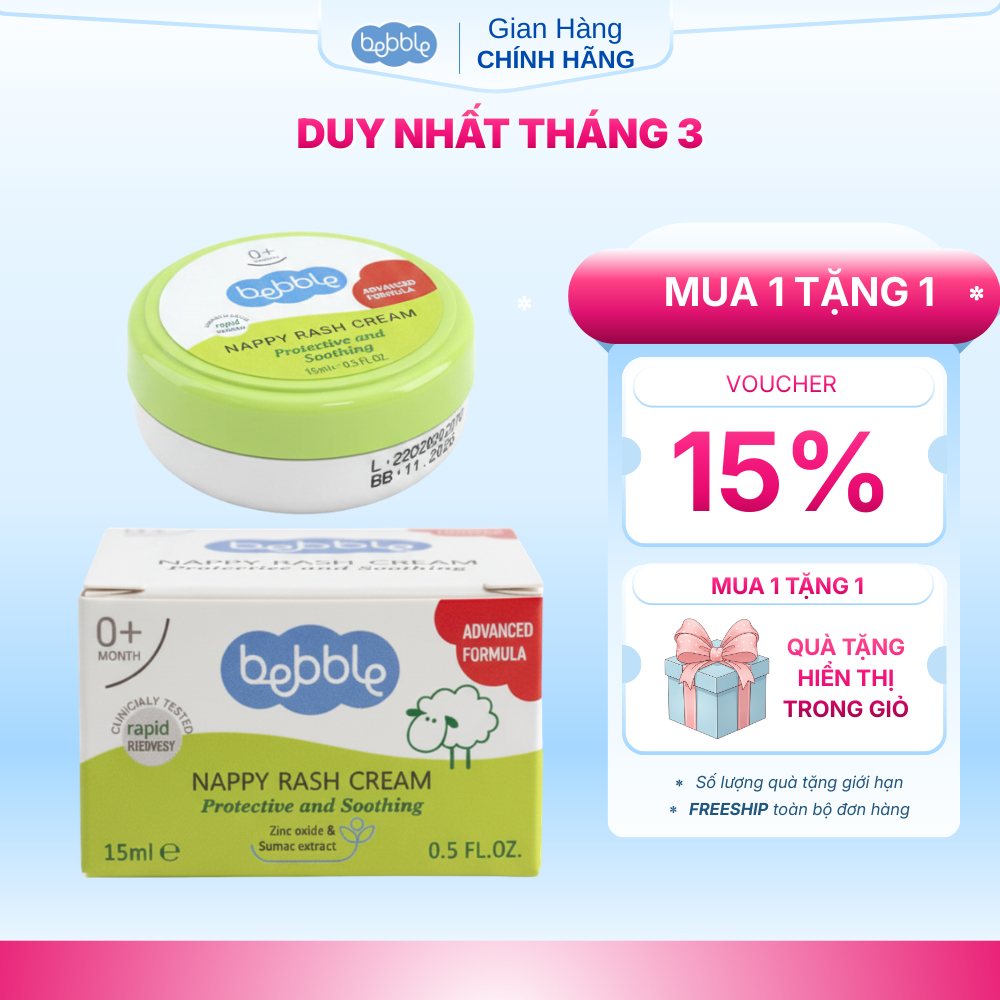 [ Live ] Kem hăm tã Bebble 15ml giúp giảm hăm tã, côn trùng cắn, muỗi đốt, an toàn cho trẻ từ 0 thán