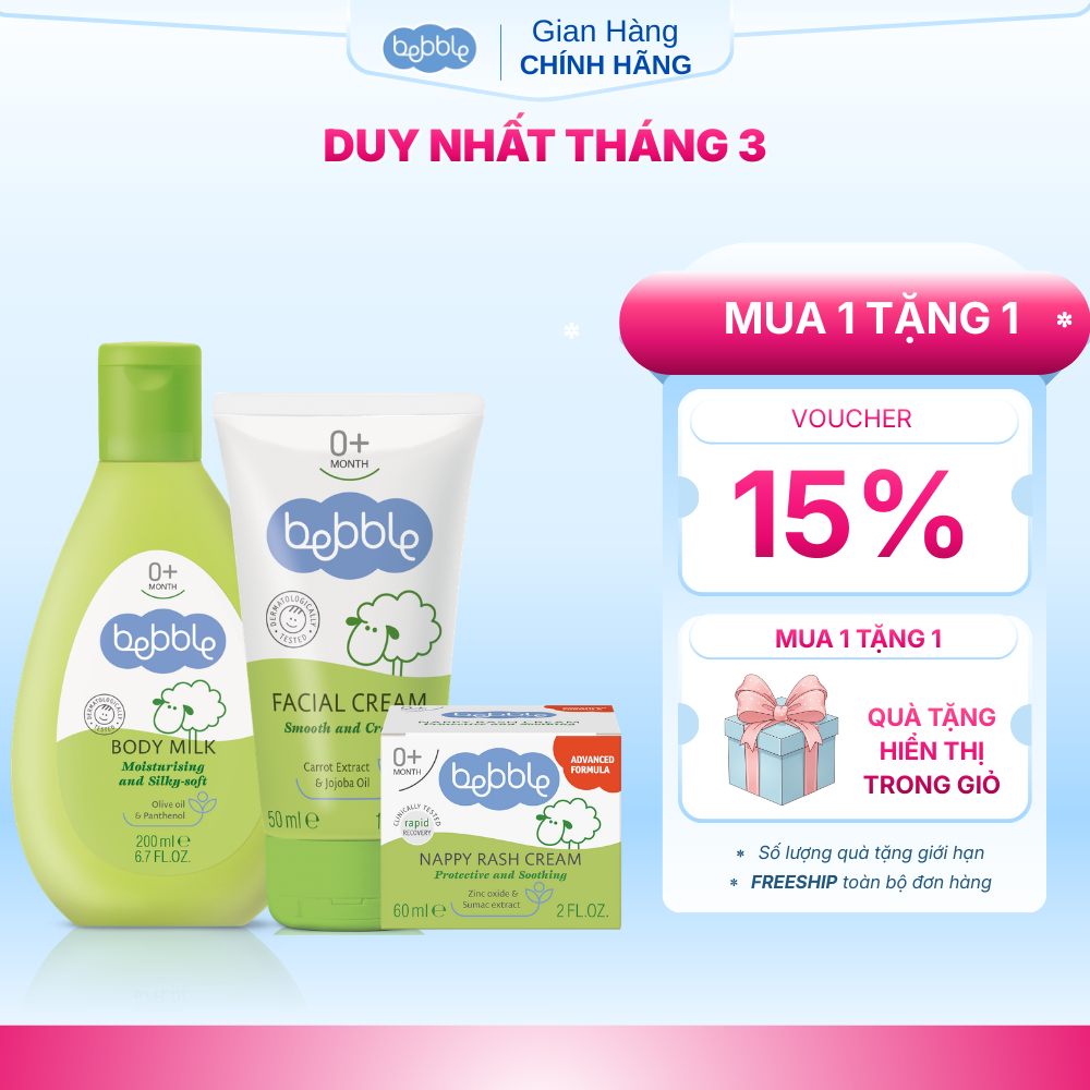Bộ 3 sản phẩm Kem Hăm 60ml + Sữa dưỡng ẩm toàn thân Bebble 200ml + Kem dưỡng ẩm da mặt Bebble  FACIA
