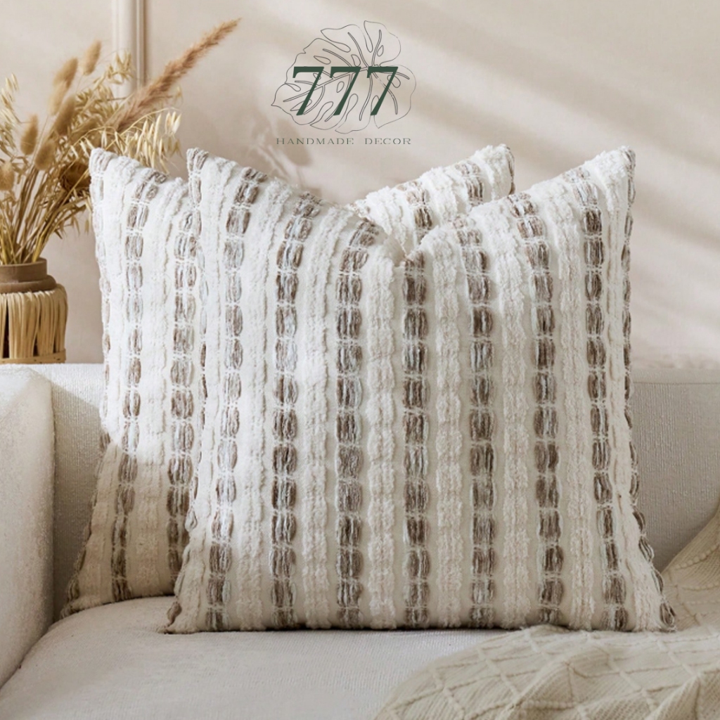 Vỏ Gối Trang Trí Sofa Sọc Nâu Be 45x45 – Vỏ Gối Tựa Lưng Sofa Vải Dệt-777100